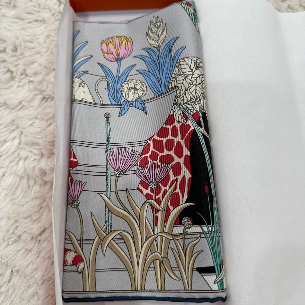 Hermes Floral & Giraffe Print Silk Scarf in Gray, Red, Blue, Pink